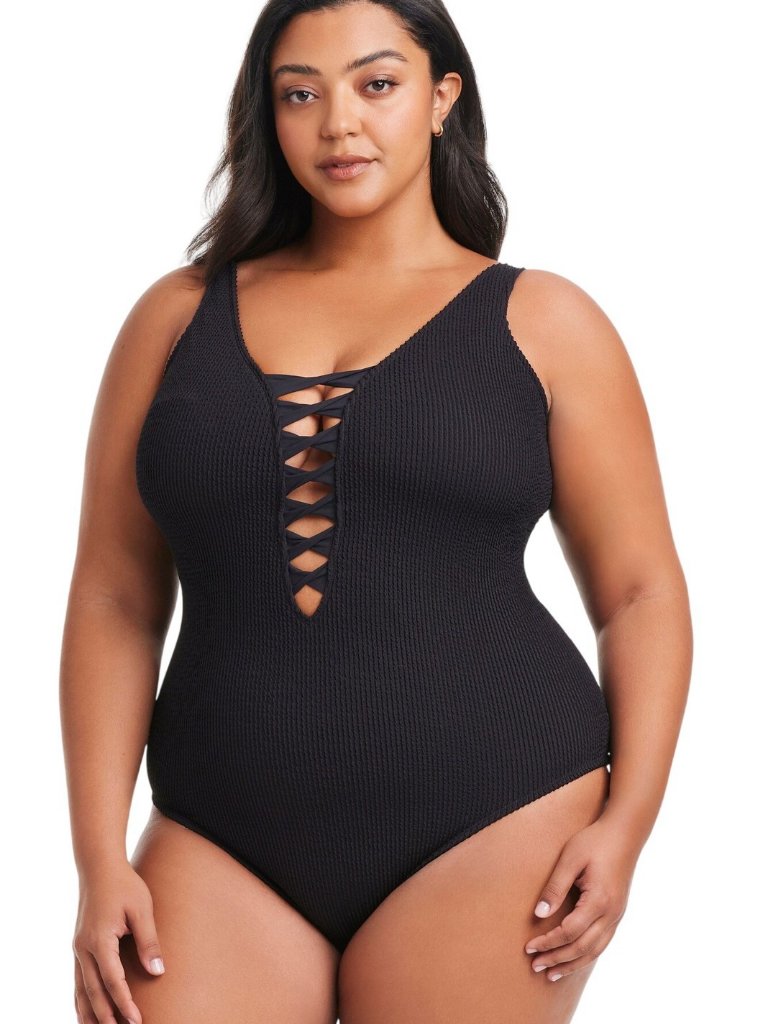 Nwt Bleu By Rod Beattie Womens Pucker Up Lace-Up One Piece Swimsuit Black 18w
